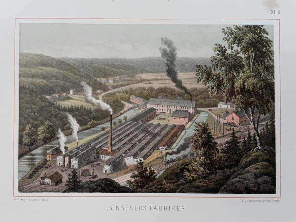 Jonsereds Fabriker [Färglitograferad plansch (29 x 23 cm) ur verket Sveriges industriella etablissementer av Gustaf Pabst ca. 1870].