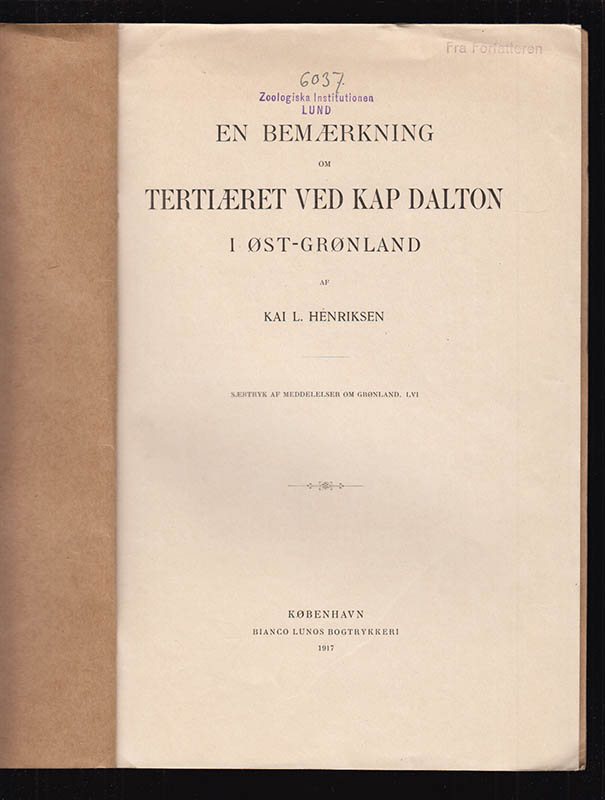 Kai L. Henriksen : En Bemærkning om Tertiæret ved Kap Dalton i Øst-Grønland