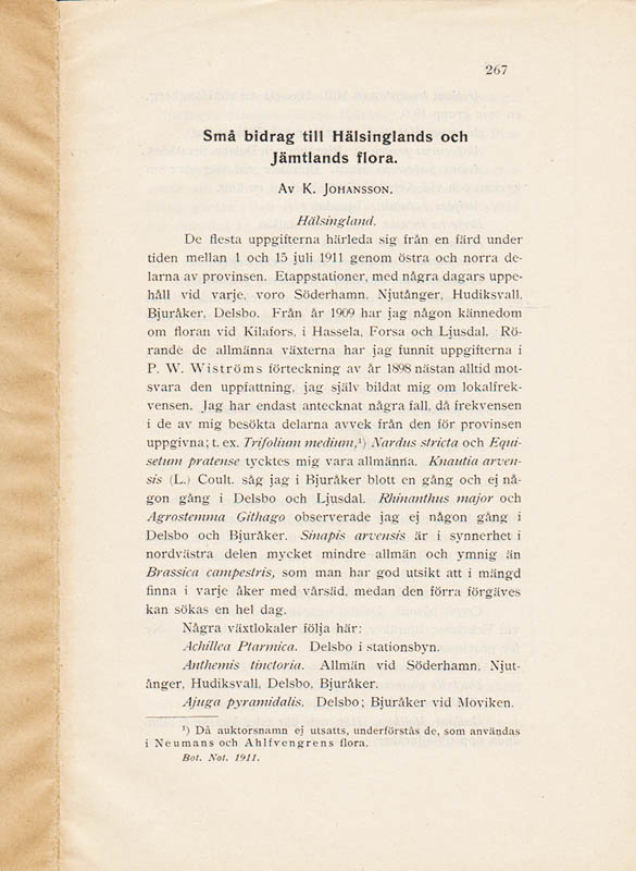 Karl Johansson : Små bidrag till Hälsinglands och Jämtlands flora