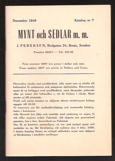 Katalog nr 7. Mynt och Sedlar m.m