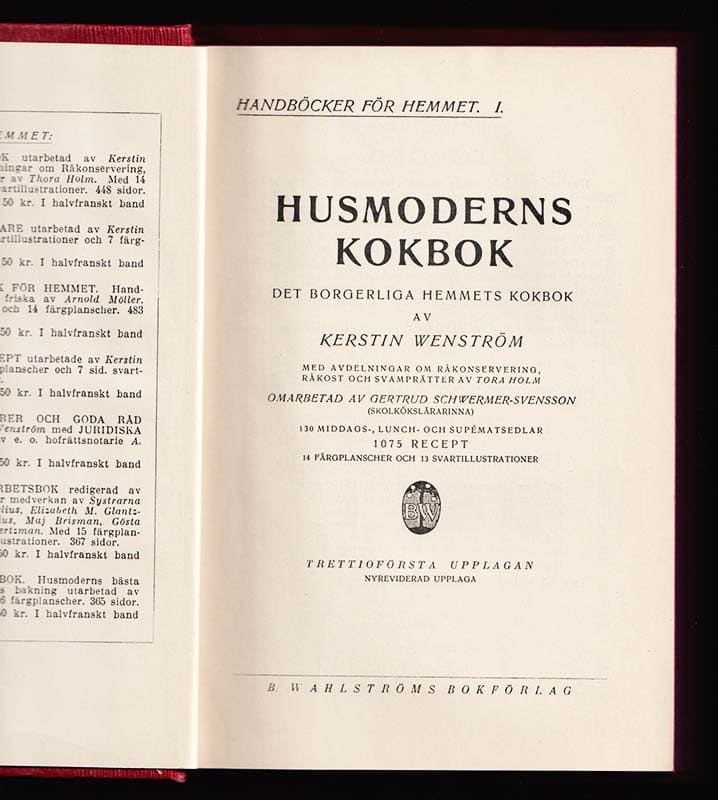 Kerstin Wenström : Husmoderns kokbok. Det borgerliga hemmets kokbok. Utarbetad av Kerstin Wenström