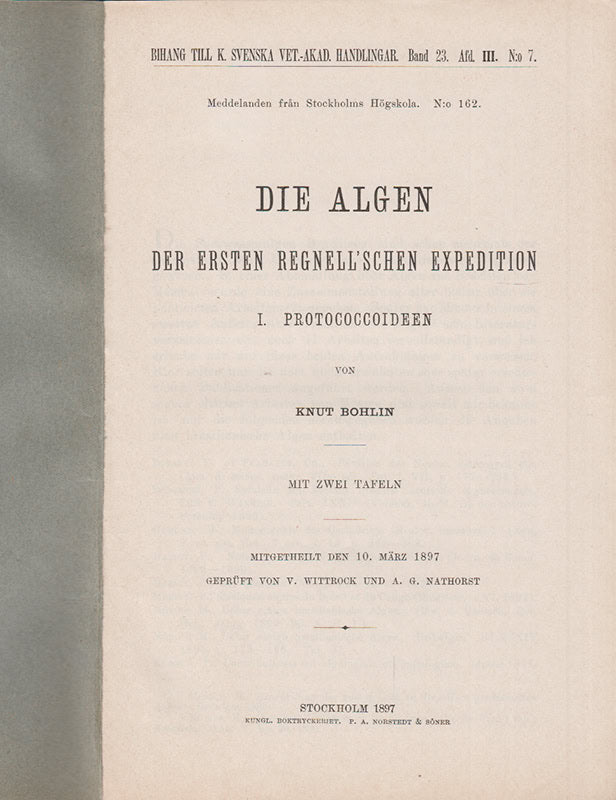 Knut Bohlin : Die Algen der ersten Regnell'schen Expedition. I. Protococcoideen. Mit zwei Tafeln