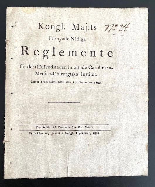 Kongl. Maj Förnyade Nådiga Reglemente för det i Hufvudstaden inrättade Carolinska-Medico-Chirurgiska Institut. Gifvet Stockholms Slott den 11. December 1822.