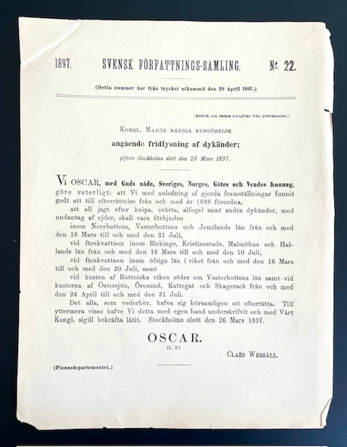 Kongl. Maj:ts Nådiga Kungörelse angående fridlysning af dykänder. Gifven Stockholms slott den 26 Mars 1897.