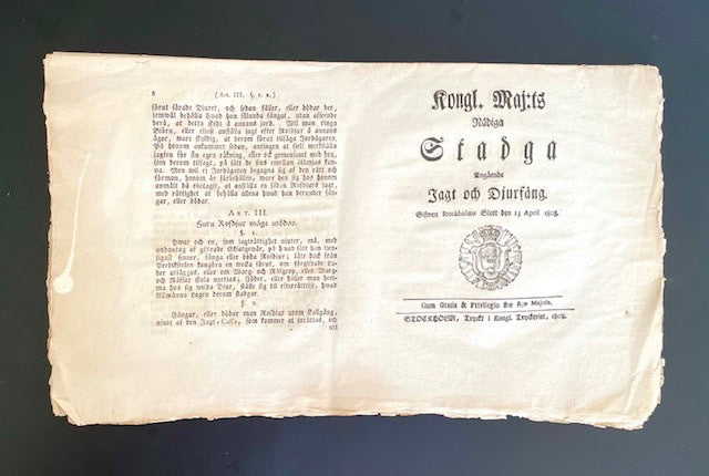 Kongl. Maj:ts Nådiga Stadga Angående Jagt och Djurfång. Gifwen Stockholms Slott den 13 April 1808