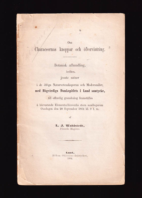 Lars Johan Wahlstedt : Om Characeernas knoppar och öfvervintring. Botanisk afhandling, hvilken, jemte satser i de öfriga Naturvetenskaperna och Modersmålet, [...] Elementarläroverkets stora samlingsrum Onsdagen den 28 september 1864 kl. 9 f. m. af L. J. Wahlstedt, Filosofie Magister