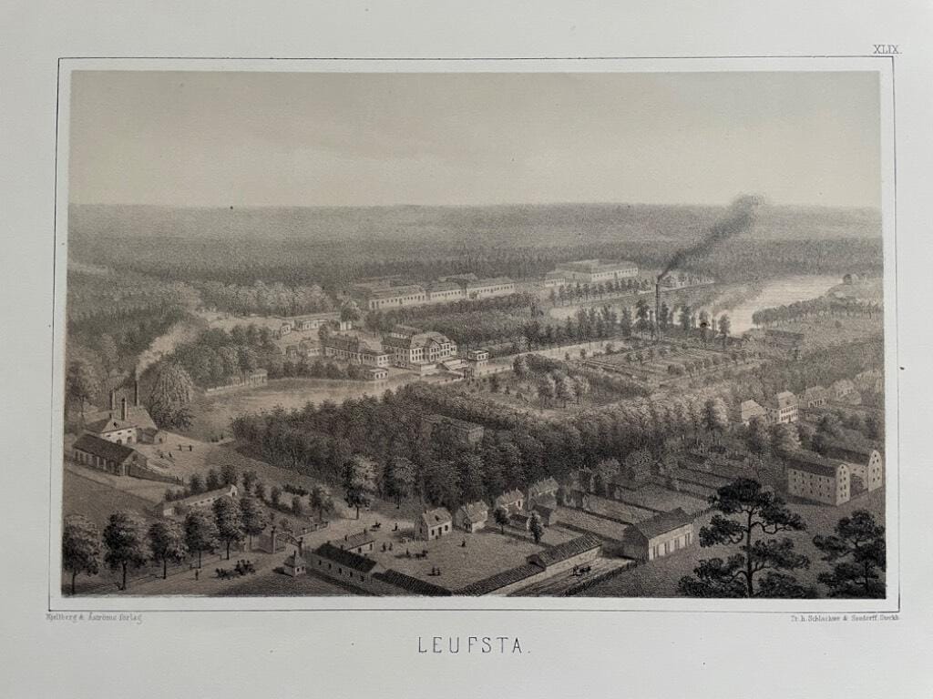 Leufsta [Litografisk plansch (29 x 23 cm) ur verket Sveriges industriella etablissementer av Gustaf Pabst ca. 1870].