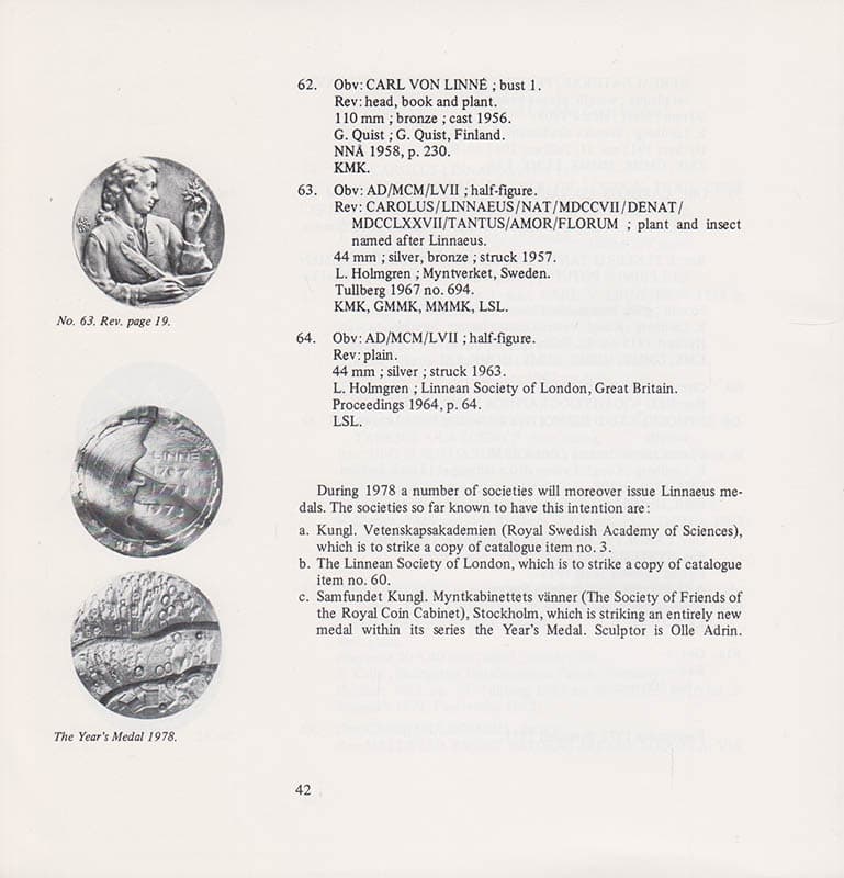 [Linné, Carl von (1707-1778)]. Högberg, Staffan ; Stern, Torkel ; Uhlin, Lennart [red.] : Linnaeus in medal art