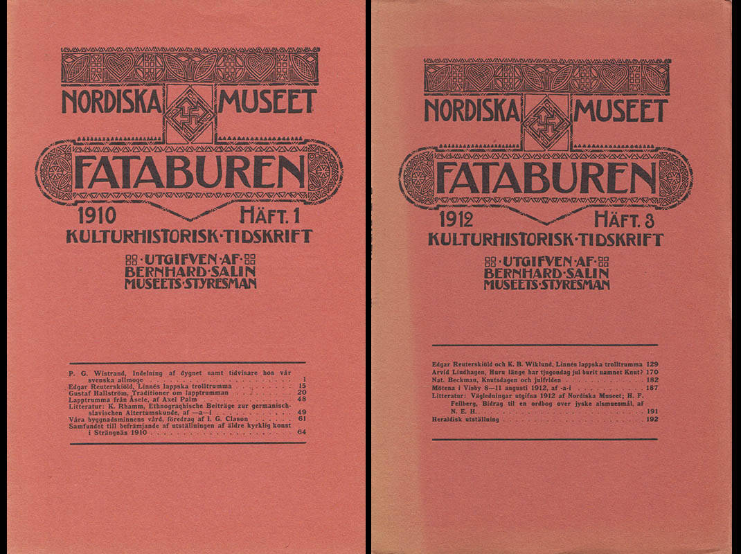 [Linné, Carl von (1707-1778)]. Reuterskiöld, Edgar (1872-1932) ; Wiklund, Karl Bernhard (1868-1934) : Linnés lappska trolltrumma. En Linnéreliks öde [1] + Linnés lappska trolltrumma 2 (komplett)