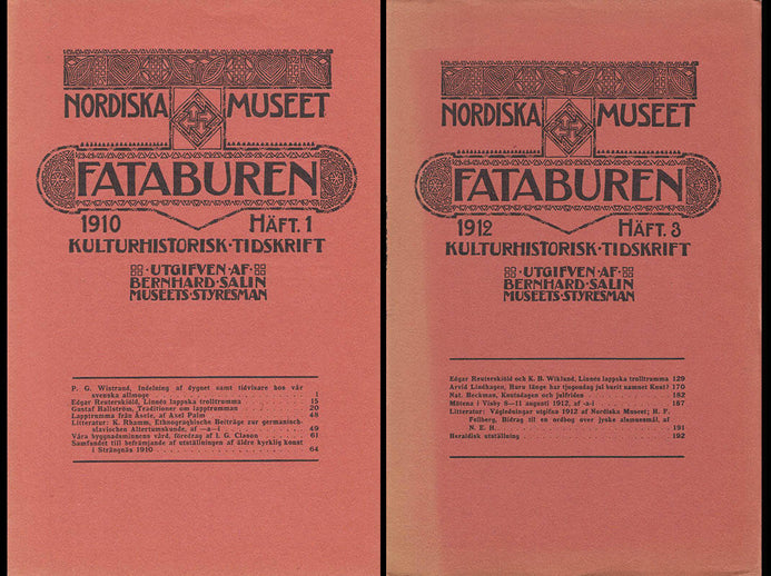 [Linné, Carl von (1707-1778)]. Reuterskiöld, Edgar (1872-1932) ; Wiklund, Karl Bernhard (1868-1934) : Linnés lappska trolltrumma. En Linnéreliks öde [1] + Linnés lappska trolltrumma 2 (komplett)