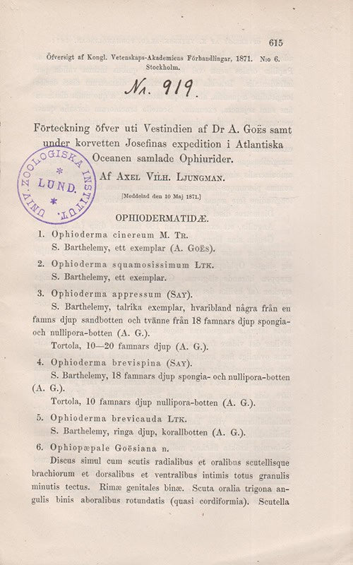 Ljungman, Axel Vilhelm (1841-1901) ; Goës, A. (Axel Teodor, 1835-1897) : Förteckning öfver uti Vestindien af Dr. A. Goës samt under korvetten Josefinas expedition i Atlantiska Oceanen samlade Ophiurider. (Meddelad den 10 Maj 1871)