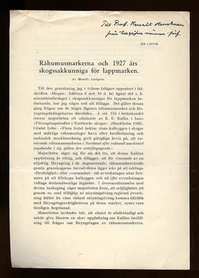 Mauritz Carlgren : Råhumusmarkerna och 1927 års skogssakkunniga för lappmarken (dedikation)