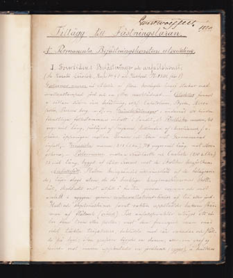 [Militaria ; Handskrift] : 'Tillägg till Fästningsläran' [=ryggtitel]