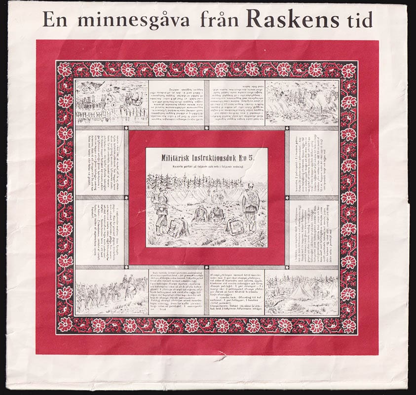 Militärisk instruktionsduk N:o 5. Ränseln packas på följande sätt och i följande ordning [= text i dukens mitten]