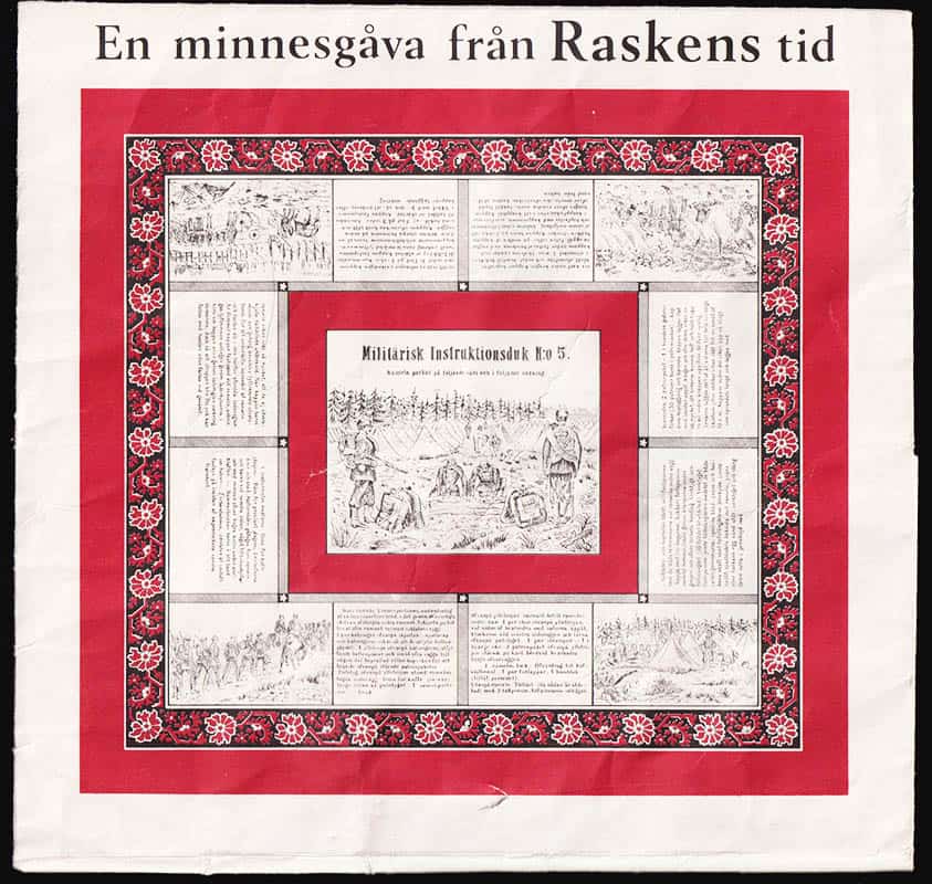 Militärisk instruktionsduk N:o 5. Ränseln packas på följande sätt och i följande ordning [= text i dukens mitten]
