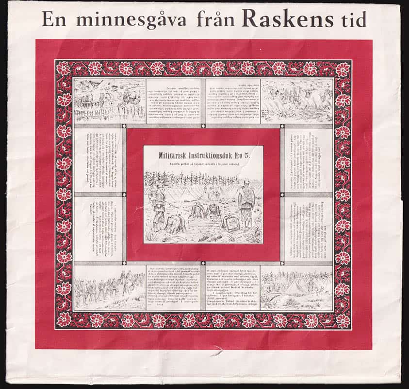 Militärisk instruktionsduk N:o 5. Ränseln packas på följande sätt och i följande ordning [= text i dukens mitten]