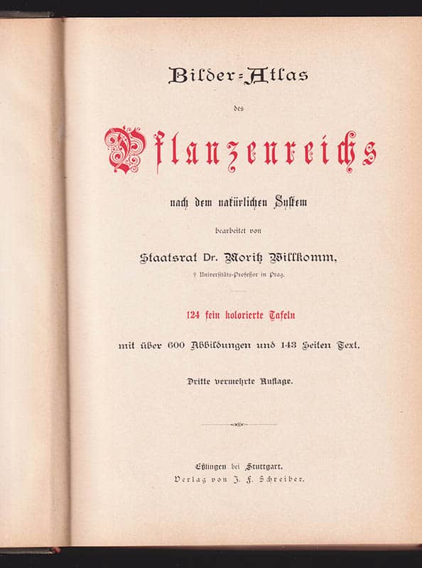 Moritz Willkomm : Bilder-Atlas des Pflanzenreichs nach dem natürlichen System bearbeitet von Dr. Moritz Willkomm, Universitäts-Prof. in Prag. 124 fein kolorierte Tafeln mit über 600 Abbildungen und 143 Seiten Text