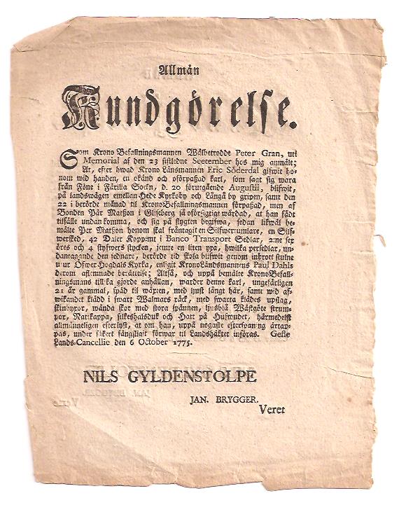 Nils Gyldenstolpe : Allmän kungörelse om sedelstöld