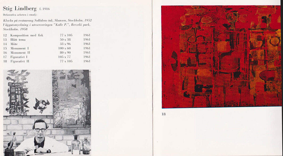Nils Lindhagen : 8 emaljmålare. Sven Erixson, C.O. Hultén, Stig Lindberg, Lage Lindell, Egon Möller-Nielsen, Endre Nemes, Acke Oldenburg, Eje Öberg. Vandringsutställning från Malmö museum 1961-62