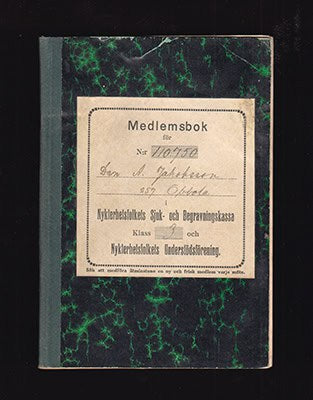 [Nykterhetsfolkets Sjuk ; och Begravningskassa] : Medlemsbok för N:r 110750 Dan A. Jakobsson 259 Obbola i Nykterhetsfolkets Sjuk - och Begravningskassa Klass 3 och Nykterhetsfolkets Understödsförening' [=pärmtitel] (Obbola, Umeå)