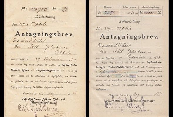 [Nykterhetsfolkets Sjuk ; och Begravningskassa] : Medlemsbok för N:r 110750 Dan A. Jakobsson 259 Obbola i Nykterhetsfolkets Sjuk - och Begravningskassa Klass 3 och Nykterhetsfolkets Understödsförening' [=pärmtitel] (Obbola, Umeå)