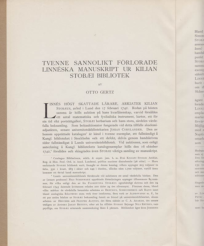 Otto Gertz : Tvenne sannolikt förlorade Linnéska manuskript ur Kilian Stobaei bibliotek