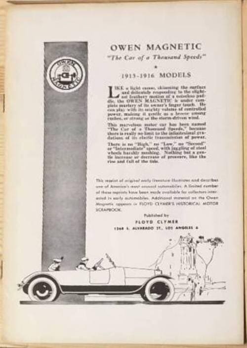 Owen Magnetic 'The car of a thousand speeds' - 1915-1916 models.