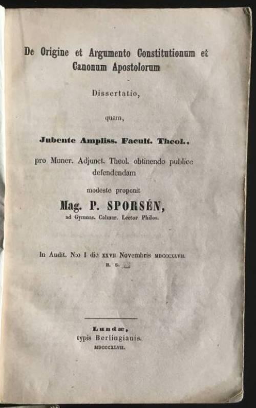 P Sporsén : De origine et Argumento...