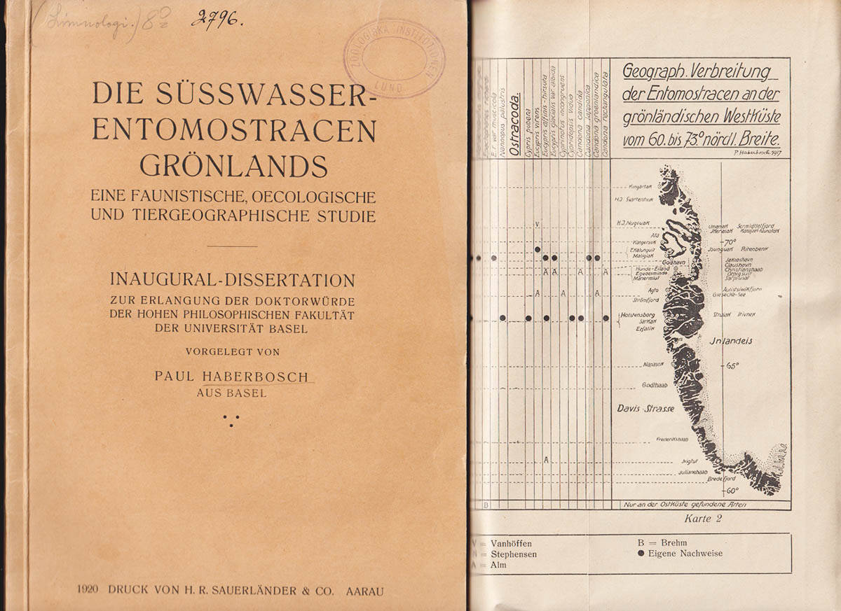 Paul Haberbosch : Die Süsswasser-Entomostracen Grönlands. Eine faunistische, oecologische und tiergeographische Studie. Installationsavhandling ...Installationsavhandling ... universität Basel