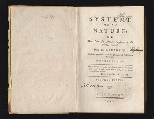 Paul Henri Thierry Holbach : Système de la Nature ou Des Loix du Monde Physique & du Monde Moral. Par M. Mirabaud. Premiere partie - Seconde partie [T. I-II]