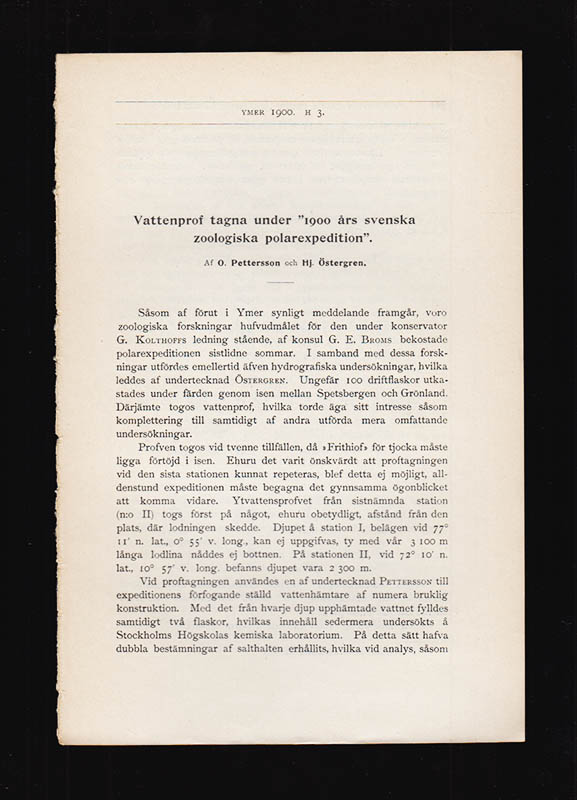 Pettersson, O. (Sven Otto, 1848-1941) ; Östergren, Hj. (Artur Hjalmar, 1869-1935) : Vattenprof tagna under '1900 års svenska zoologiska polarexpedition'