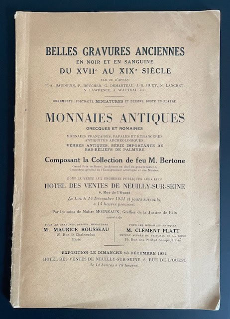 Platt, Clément ; Rousseau, Maurice : Belles gravures anciennes du XVIIème au XIXème siècle et monnaies antiques.