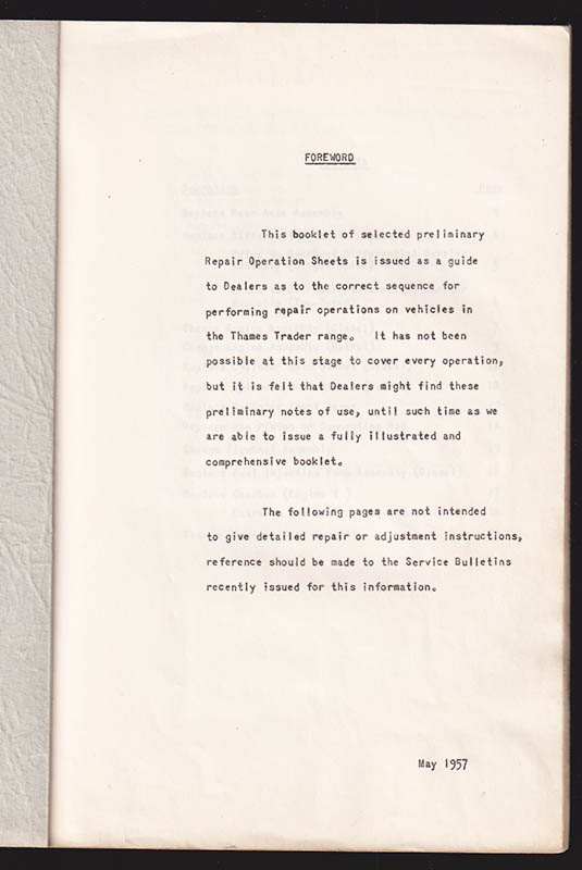 Preliminary repair operation sheets for Thames Trader Vehicles (Ford Motor Company Ltd)
