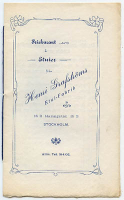 Priskurant å Etuier från Henri Grafströms Etui-Fabrik. 18 B Hamngatan 18 B Stockholm. Allm. Tel. 19405