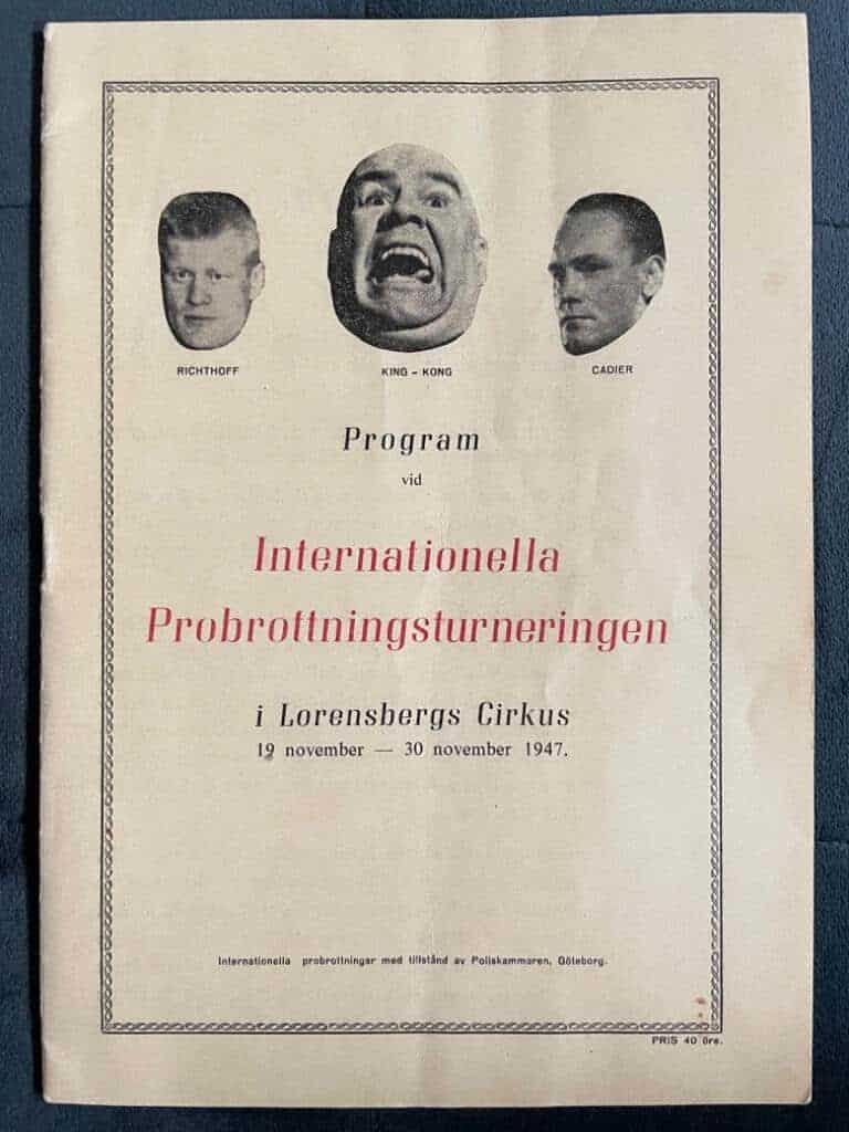 Program vid Internationella Probrottningsturneringen i Lorensbergs Cirkus 1947