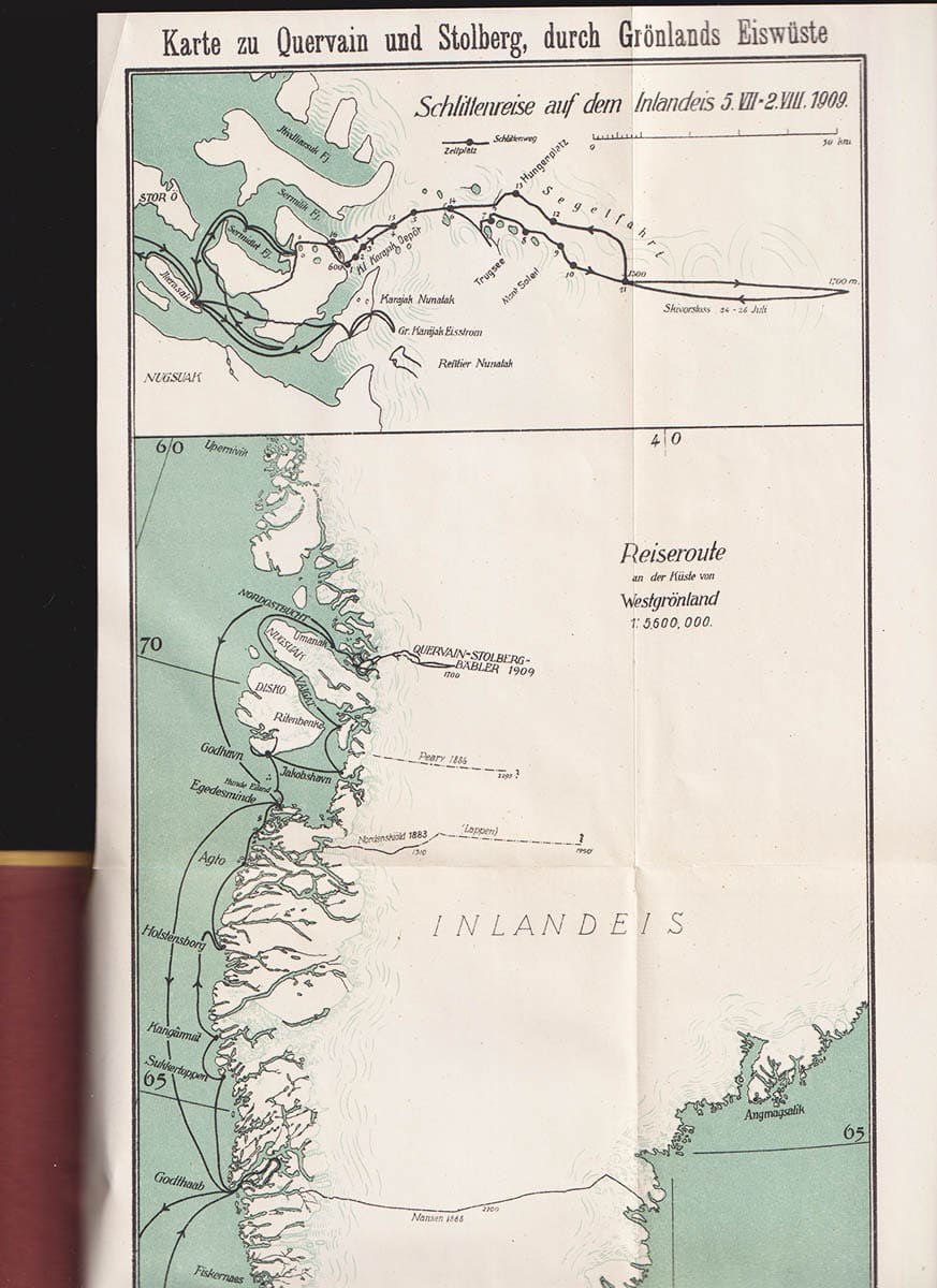 Quervain, A. de (Alfred de, 1879-1927) ; Stolberg, A : Durch Grönlands Eiswüste. Reise der Deutsch-Schweizerischen Grönlandexpedition 1909 auf das Inlandeis. Mit 8 Vollbildern in Lichtdruck. 26 Textbildern und eine Karte