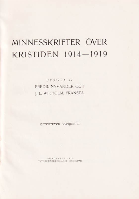 [Ransoneringskort]. Nyvander, Fredrik ; Wikholm, J. E. : Minnesskrifter över kristiden 1914-1919
