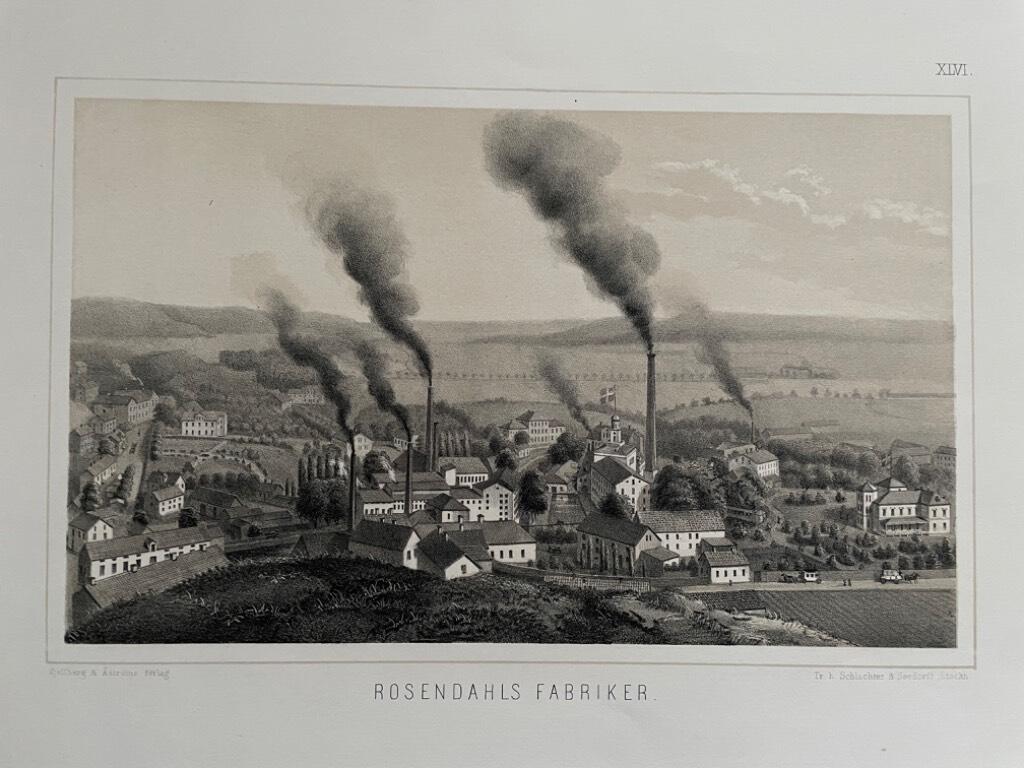 Rosendahls Fabriker. [Litografisk plansch (29 x 23 cm) ur verket Sveriges industriella etablissementer av Gustaf Pabst ca. 1870].