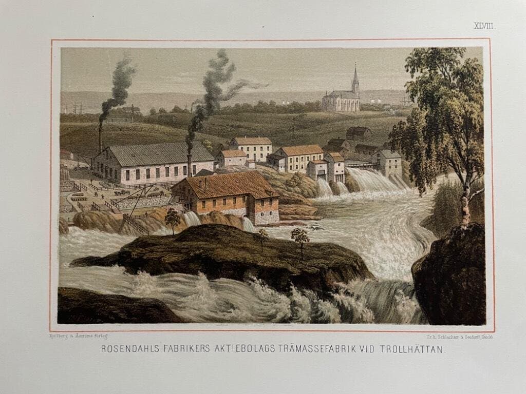 Rosendahls Fabriks Aktiebolags Trämassefabrik vid Trollhättan. [Färglitograferad plansch (29 x 23 cm) ur verket Sveriges industriella etablissementer av Gustaf Pabst ca. 1870].