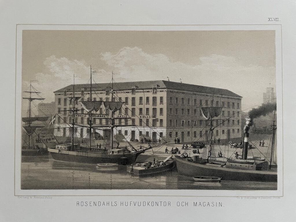Rosendahls huvudkontor och magasin. [Litografisk plansch (29 x 23 cm) ur verket Sveriges industriella etablissementer av Gustaf Pabst ca. 1870].