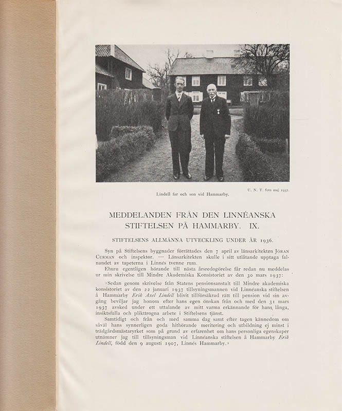 Rutger Sernander : Meddelanden från den linnéanska stiftelsen på Hammarby. IX. Stiftelsens administration och allmänna utveckling 1936