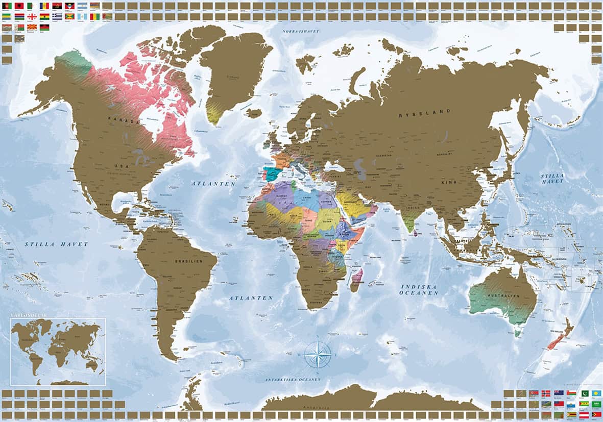 Skrapkarta världen guld väggkarta i tub