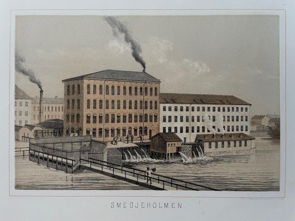 Smedjeholmen [Färglitograferad plansch (29 x 23 cm) ur verket Sveriges industriella etablissementer av Gustaf Pabst ca. 1870].