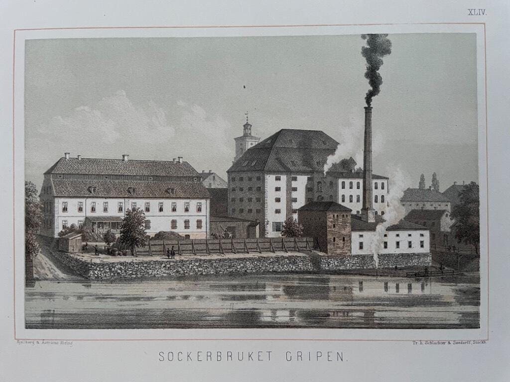 Sockerbruket Gripen [Färglitograferad plansch (29 x 23 cm) ur verket Sveriges industriella etablissementer av Gustaf Pabst ca. 1870].