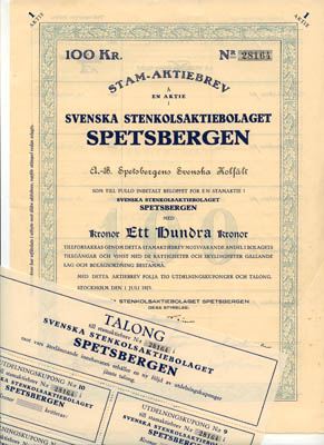 [Spetsbergen ; Aktiebrev] : Stam-aktiebrev å en aktie i Svenska Stenkolsaktiebolaget Spetsbergen, 100 kr