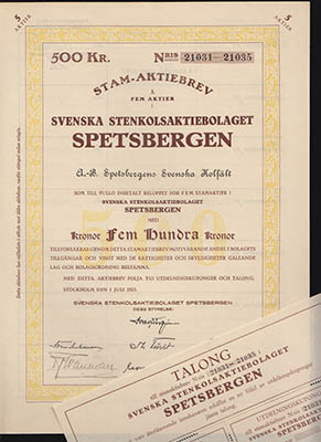 [Spetsbergen ; Aktiebrev] : Stam-aktiebrev å fem aktier i Svenska Stenkolsaktiebolaget Spetsbergen, 500 kr