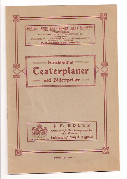 Stockholms teaterplaner med biljettpriser 1916