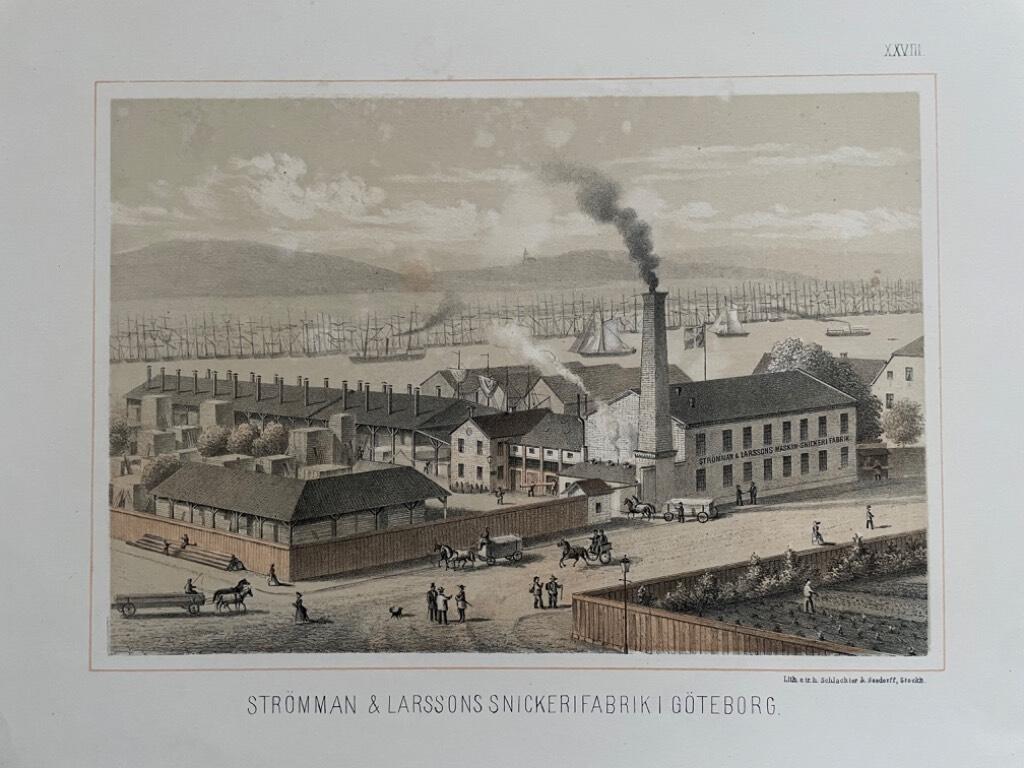 Strömman & Larssons Snickerifabrik i Göteborg. [Färglitograferad plansch (29 x 23 cm) ur verket Sveriges industriella etablissementer av Gustaf Pabst ca. 1870].