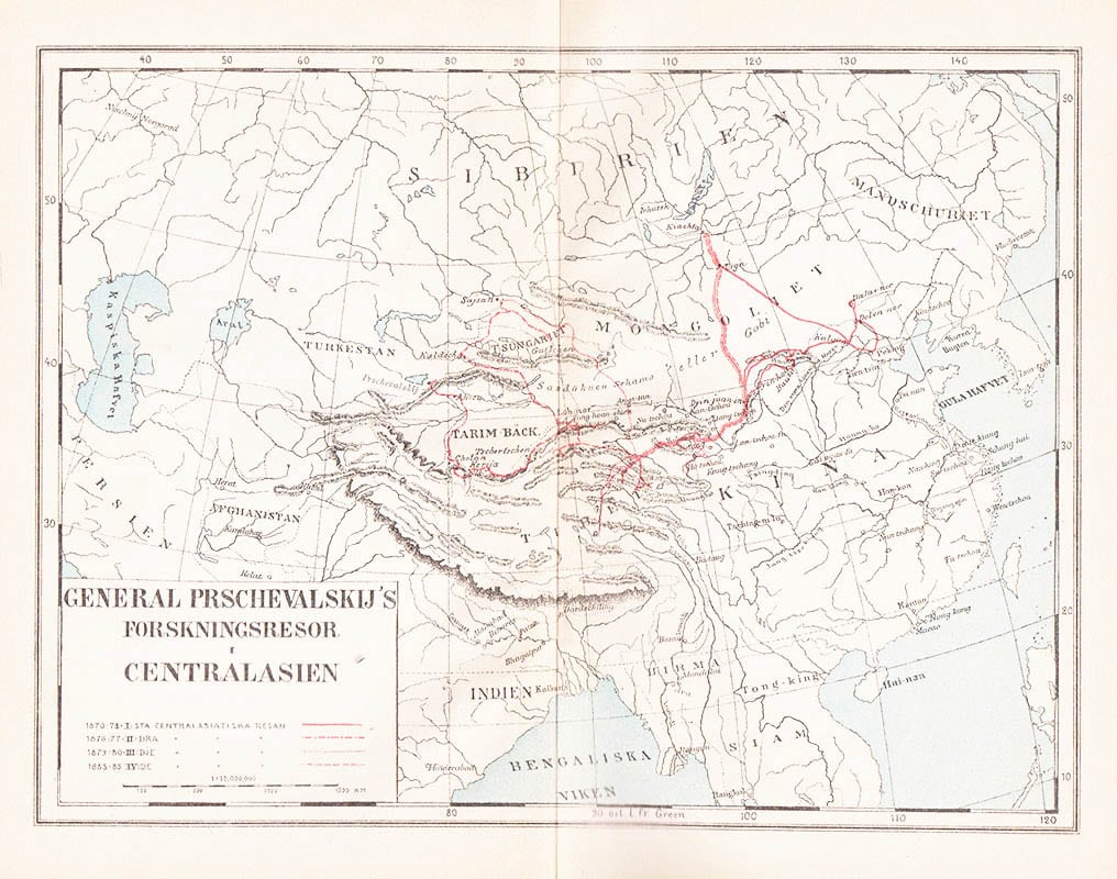 Sven Hedin : General Prschevalskij's forskningsresor i Centralasien. I sammandrag efter de ryska, tyska och franska originalupplagorna af Sven Hedin. Med 2 kartor och 79 illustrationer. Förord af A. E. Nordenskiöld