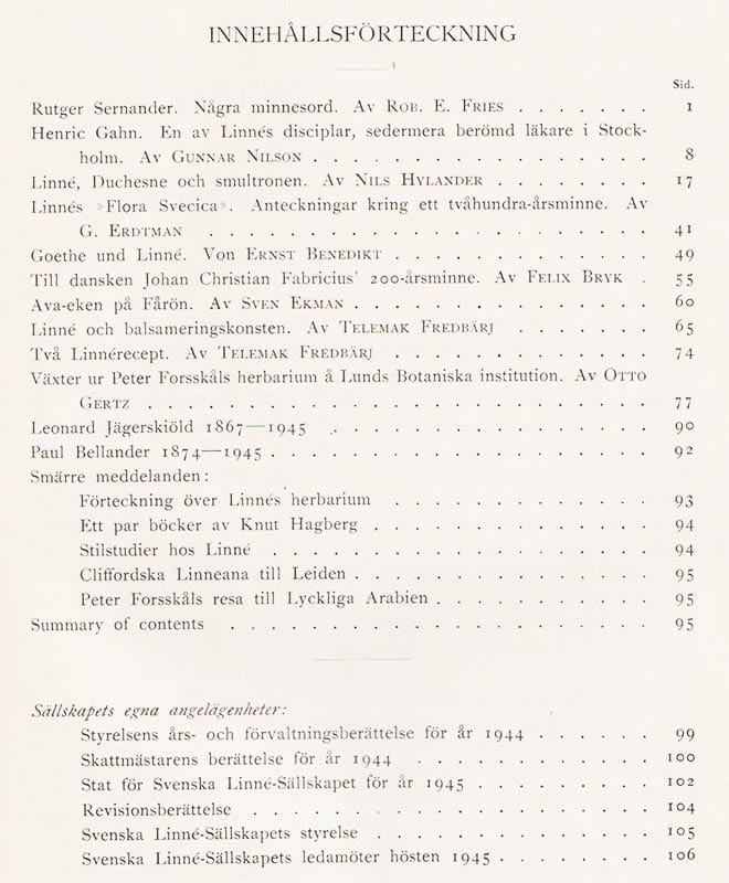 Svenska Linnésällskapets Årsskrift. Yearbook of The Swedish Linnaeus Society. Årg. XXVIII 1945